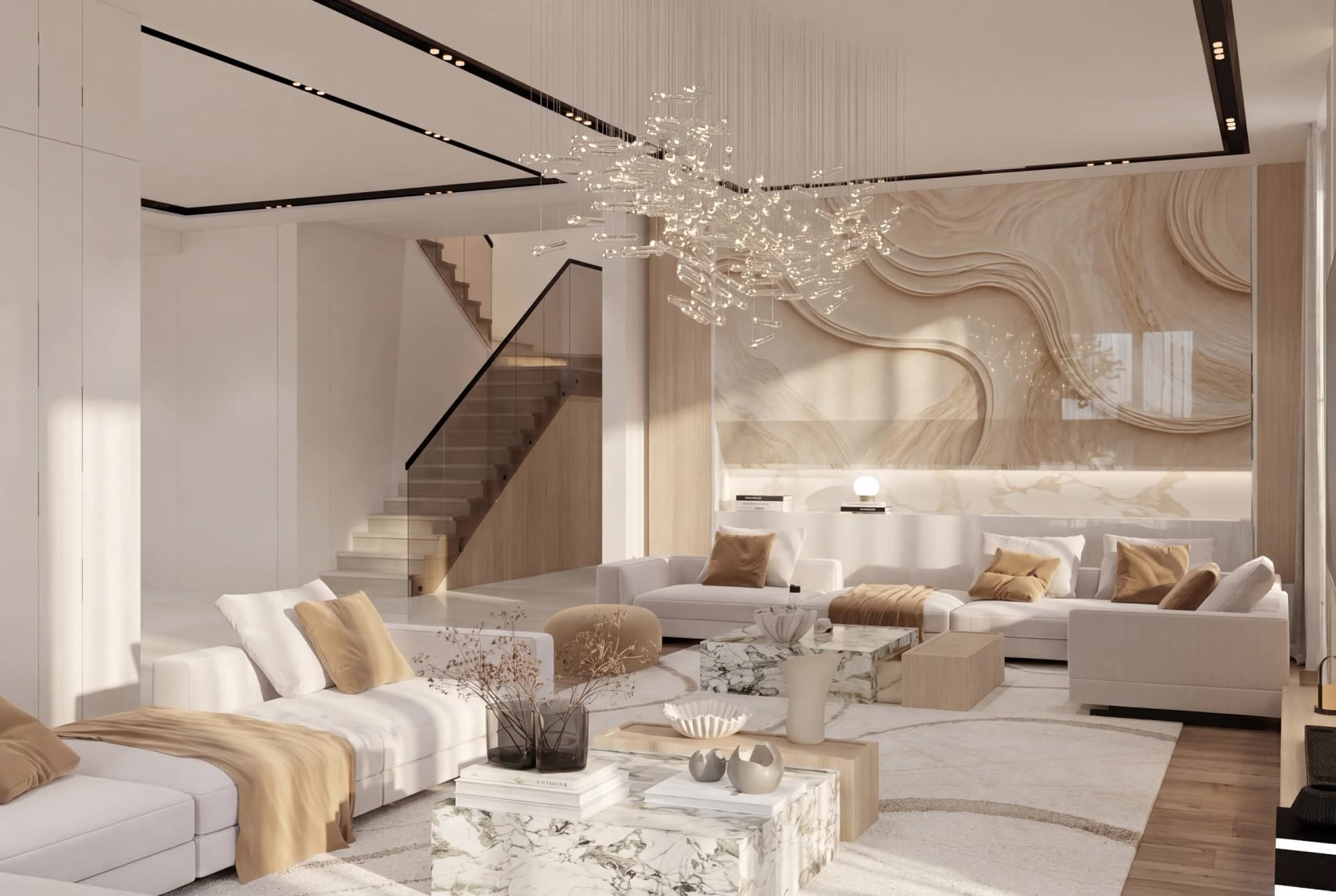 Double-height living room of a Dubai Hills villa, designed and built by Rectangle Interiors